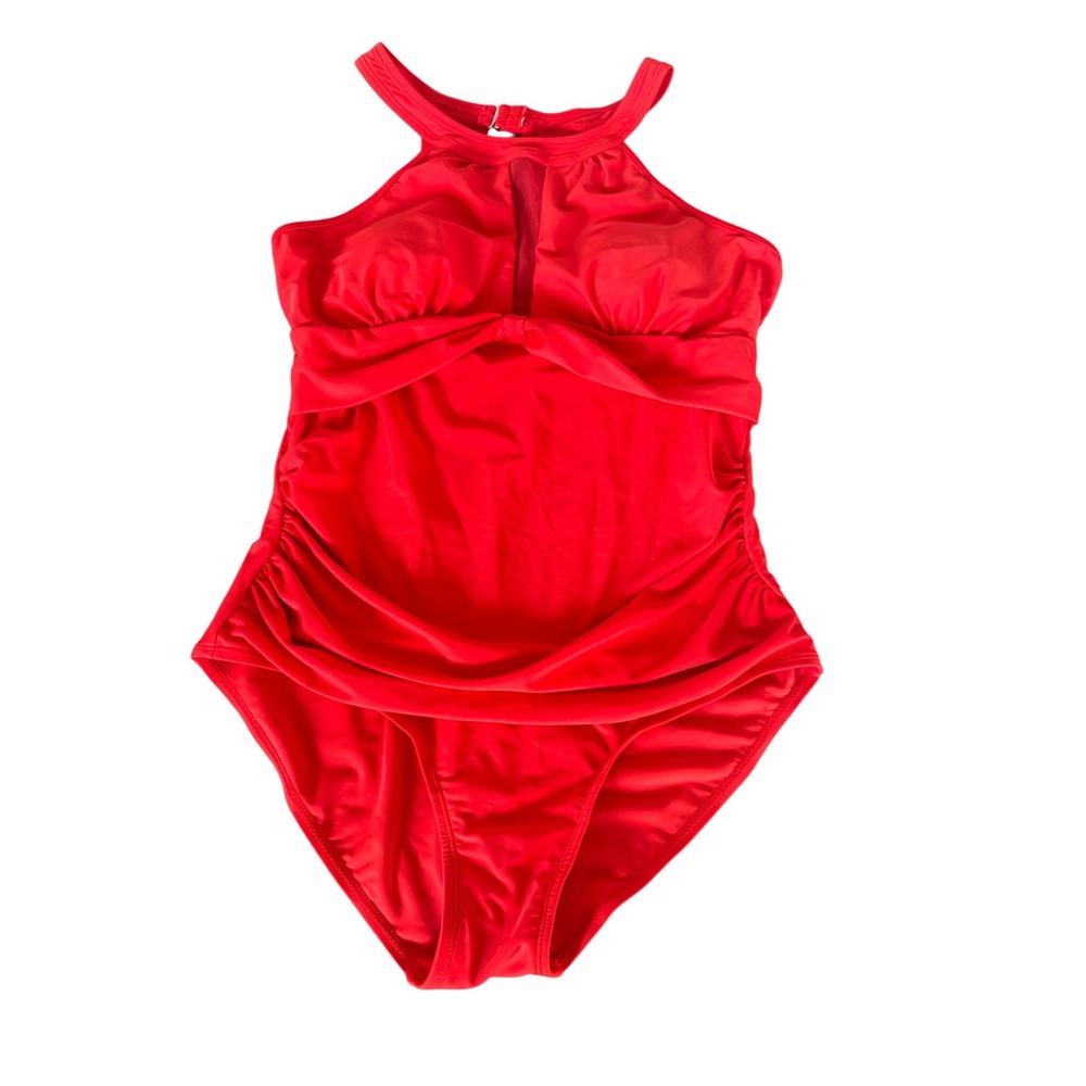 Tummy Control Red Halter Ruched Mesh Panel One Piece Swimsuit Women Size Large